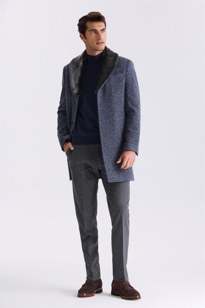 Dark Navy Regular Fit Removable Fur Collar Patterned Wool Coat - 2