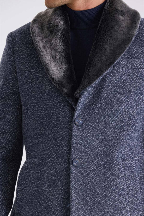 Dark Navy Regular Fit Removable Fur Collar Patterned Wool Coat - 3