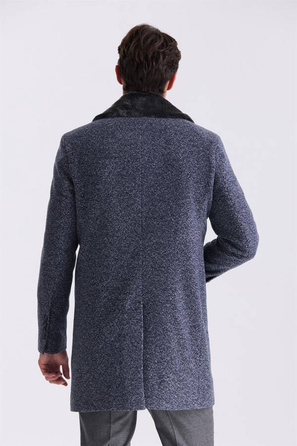 Dark Navy Regular Fit Removable Fur Collar Patterned Wool Coat - 4