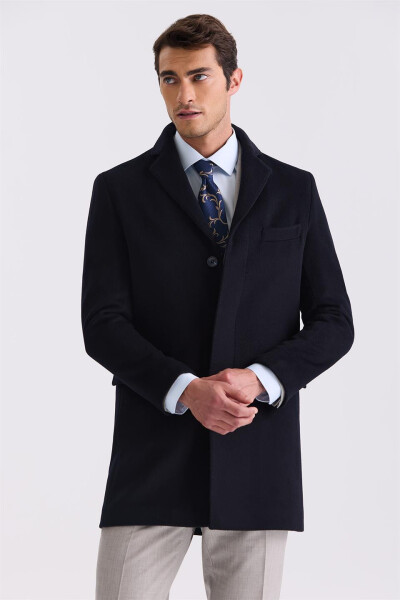 Dark Navy Regular Fit Single Breasted Wool Peacoat - 1