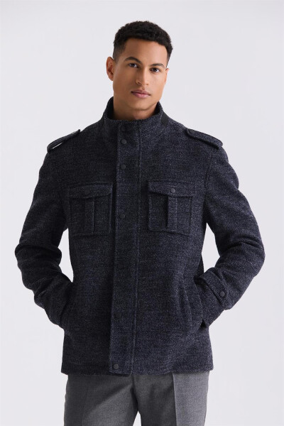 Dark Navy Slim Fit Notch Lapel Epauletted Patterned Sporty Wool Coat - 1