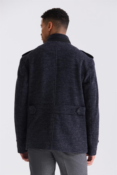 Dark Navy Slim Fit Notch Lapel Epauletted Patterned Sporty Wool Coat - 4