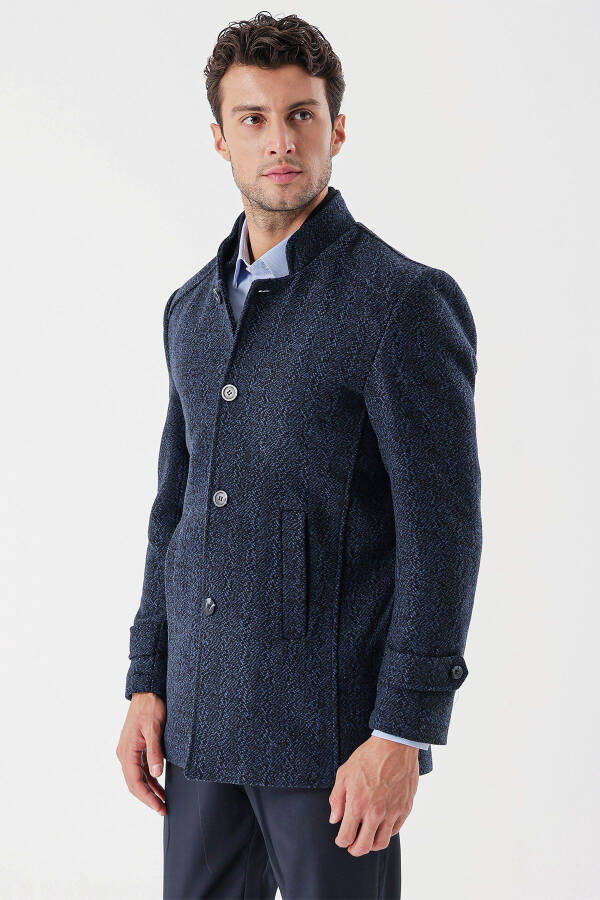 Dark Navy Wool Blend Notch Lapel Patterned Slit Lined Slim Fit Skinny Fit Classic Coat 1008235153 - 11