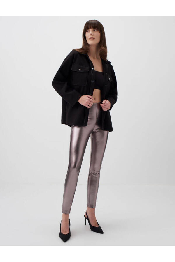 Dark Silver High Waist Skinny Leg Foil Printed Leggings - 14