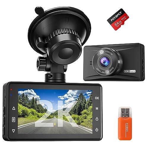 Dash Cam Front 2K with 64 GB SD Card 1440P Quad HD Dash Camera for Cars with Superb Night Vision, 3'' Screen, 170° Wide Angle, G-Sensor, WDR, Loop Record - 1