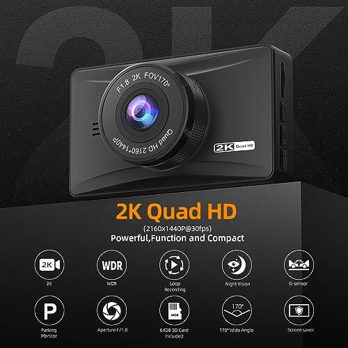 Dash Cam Front 2K with 64 GB SD Card 1440P Quad HD Dash Camera for Cars with Superb Night Vision, 3'' Screen, 170° Wide Angle, G-Sensor, WDR, Loop Record - 2