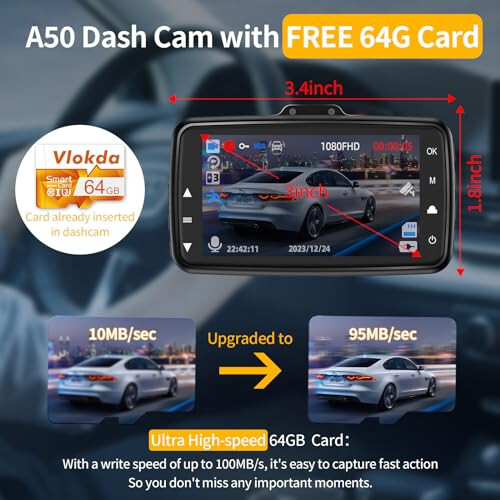 Dash Cam Front and Rear, 1080P FHD Dash Camera for Cars with 64GB Card 3