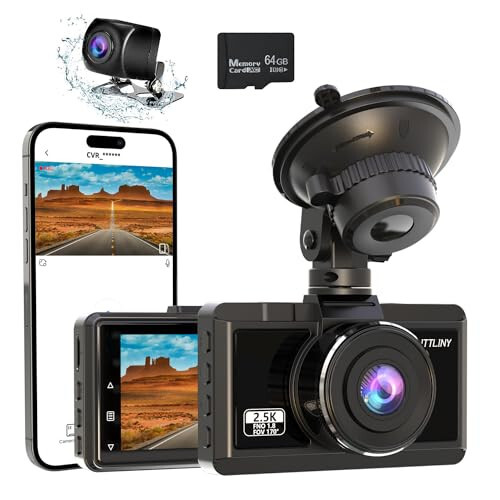 Dash Cam Front and Rear 2.5K+1080P FHD WiFi Dual Dash Camera for Cars, 170° Angle Dashboard Camera with 64G SD Card, App Control, 3” IPS Screen, Night Vision, Parking Mode, G-Sensor, WDR, Loop Recording - 1