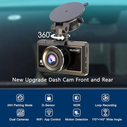 Dash Cam Front and Rear 2.5K+1080P FHD WiFi Dual Dash Camera for Cars, 170° Angle Dashboard Camera with 64G SD Card, App Control, 3” IPS Screen, Night Vision, Parking Mode, G-Sensor, WDR, Loop Recording - 2