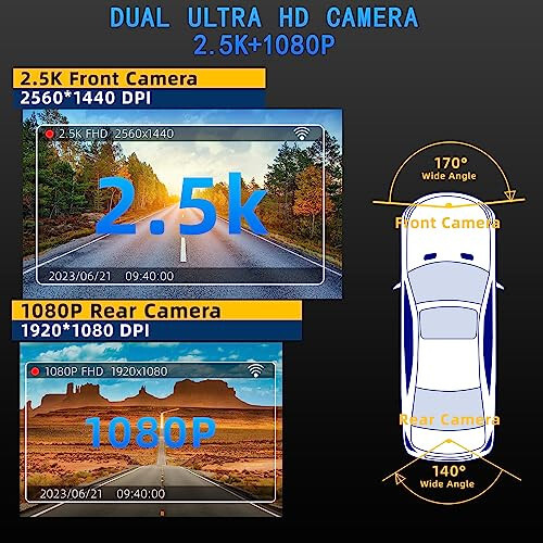 Dash Cam Front and Rear 2.5K+1080P FHD WiFi Dual Dash Camera for Cars, 170° Angle Dashboard Camera with 64G SD Card, App Control, 3” IPS Screen, Night Vision, Parking Mode, G-Sensor, WDR, Loop Recording - 3