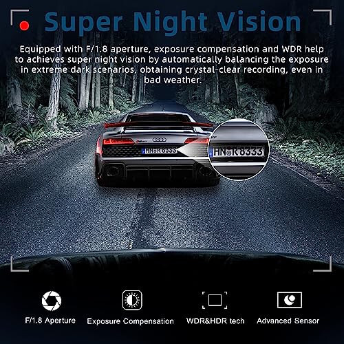 Dash Cam Front and Rear 2.5K+1080P FHD WiFi Dual Dash Camera for Cars, 170° Angle Dashboard Camera with 64G SD Card, App Control, 3” IPS Screen, Night Vision, Parking Mode, G-Sensor, WDR, Loop Recording - 4