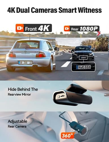 Dash Cam Front and Rear 4K Built in 5GHz WiFi, Dual Dash Cam Front 4K Rear 1080P Hidden Dash Camera for Cars, Free 64GB SD Card, Super Night Vision, Supercapacitor, Parking Mode, G-Sensor, USB C Port - 2