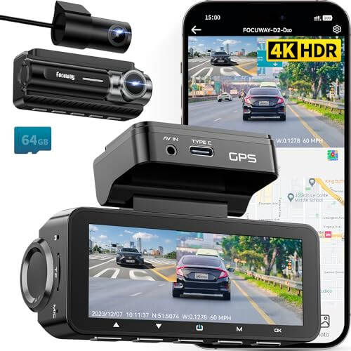 Dash Cam Front Rear 4K Built-in GPS 5GHz WiFi, 3.39