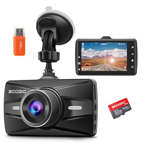 Dash Cam Front with 32G SD Card, BOOGIIO 1080P FHD Car Driving Recorder 3'' IPS Screen 170°Wide Angle Dashboard Camera Aluminum Alloy Case, WDR G-Sensor Parking Monitor Loop Recording Motion Detection - 1