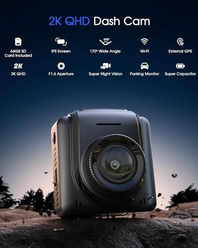 Dash Cam Wi-Fi 2K, Bepul 64GB karta, Tashqi GPS modulini qo'llab-quvvatlaydi, Ilova bilan Mini Dash Cam datchik paneli avtoulov kamerasi, Avtomobillar uchun oldingi Dash kamera, 24 soatlik to'xtash rejimi, G-sensor, Tsiklik yozuv - 2