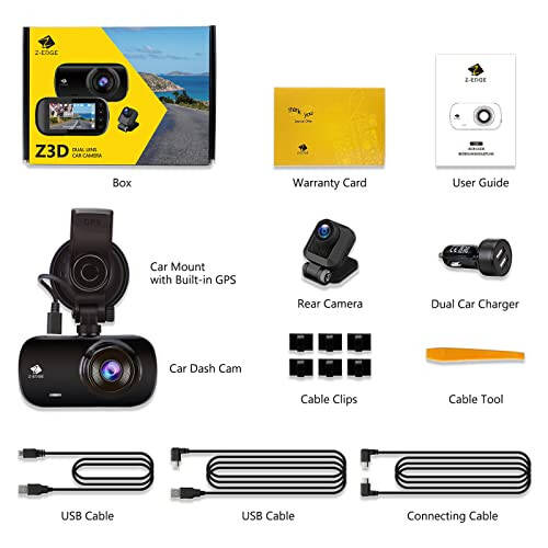 Dash Cam, Z-Edge Z3D 2560x1440P QHD, Oldin va Orqa Dash Cam, WiFi, GPS, Ikkita Kamera, Avtomobil DVR, Tungi Ko'rish, To'xtash Rejimi, G-Sensor, Tsiklik Yozuv - 7