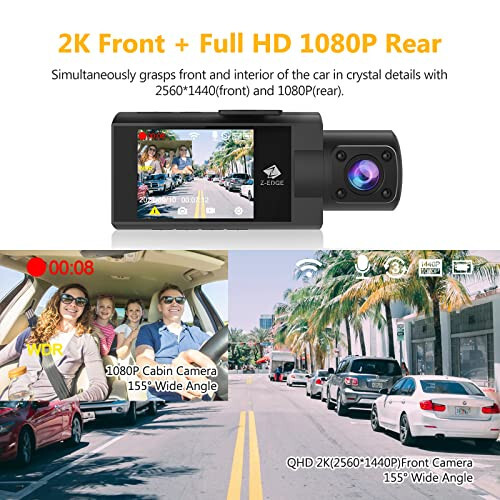 Dash Cam, Z3Pro Dash Cam Front and Inside, 2K+1080P Front and Inside Dual Dash Cam, Car Camera, IR Night Vision, Parking Mode, G-Sensor, Support 256GB - 4