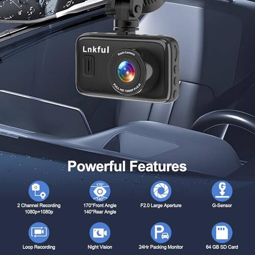 Dash Camera for Cars, Dash Cam Front and Rear Dual 1080P, Dashcam with 64GB Card & 2 Suction Cup, DashCam with 3''Screen Night Vision, G-Sensor, WDR, Loop Recording, Parking Monitor - 4