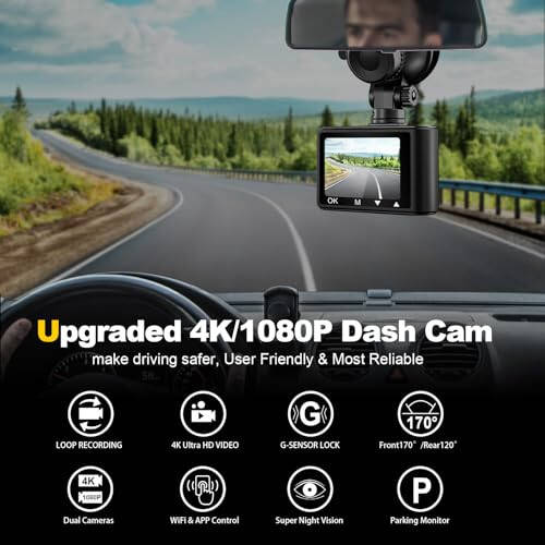 Dash Kamera, 4K/1080p Oldingi va Orqa ichki Wi-Fi, 64GB SD karta bilan, To'liq HD 2.0” IPS ekranli Avtomobillar uchun Dash Kamera, Ilova boshqaruvi, G-Sensor, Loop yozuvi, To'xtash rejimi - 2