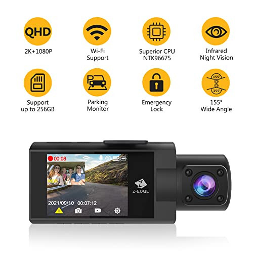 Dash Kamera, Z3Pro Dash Kamera Oldin va Ichki, 2K+1080P Oldin va Ichki Qo'sh Dash Kamera, Avtomobil Kamerasi, IR Kechasi Ko'rish, To'xtash Rejimi, G-Sensori, 256GB Qo'llab-quvvatlash - 2