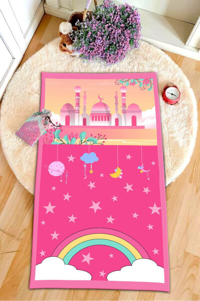 Decorative digital printed non-slip base prayer rug for toddlers. - 1