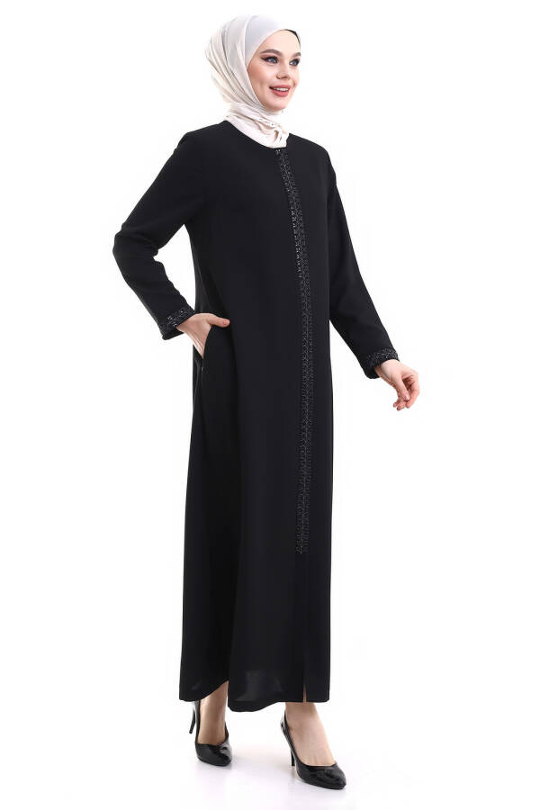 Deep Store Zipper Sleeve Stone Decorated Abaya 23302-23 Black - 1