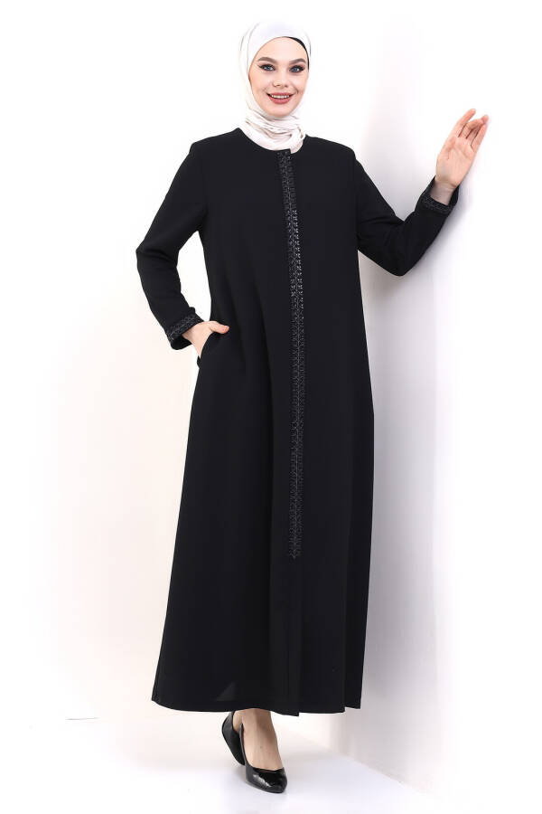 Deep Store Zipper Sleeve Stone Decorated Abaya 23302-23 Black - 2