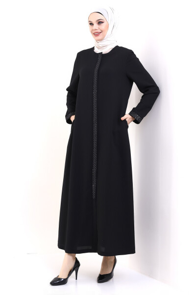 Deep Store Zipper Sleeve Stone Decorated Abaya 23302-23 Black - 3