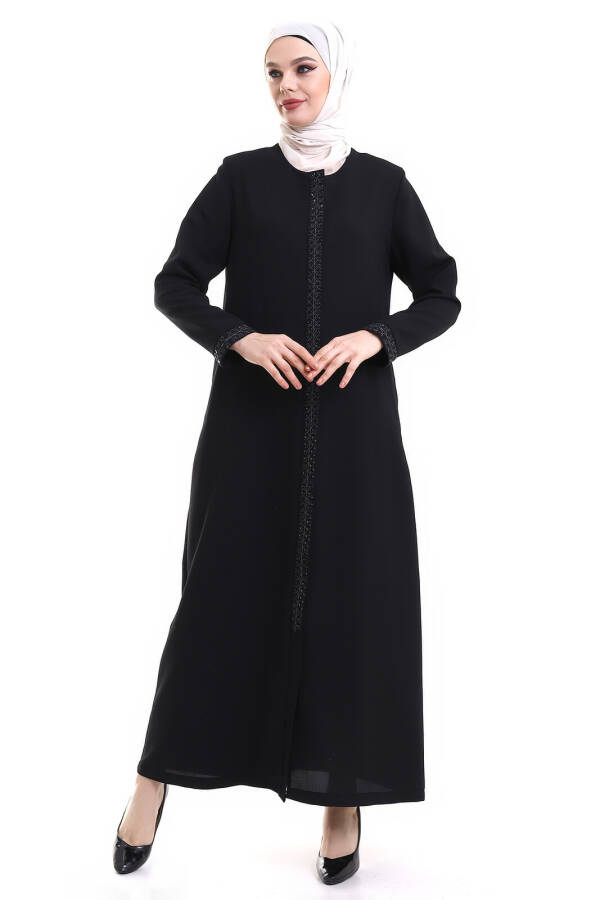 Deep Store Zipper Sleeve Stone Decorated Abaya 23302-23 Black - 5