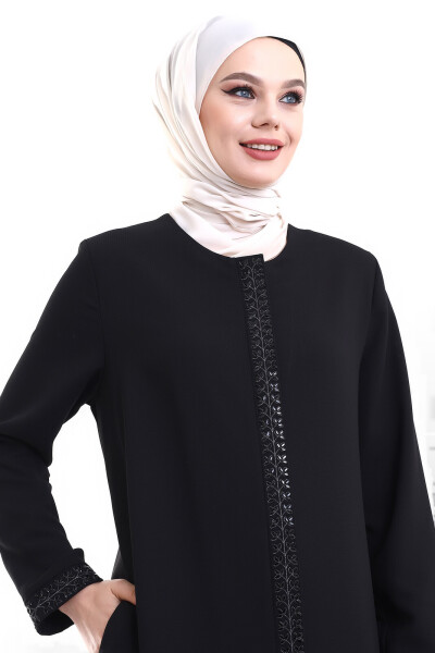 Deep Store Zipper Sleeve Stone Decorated Abaya 23302-23 Black - 6