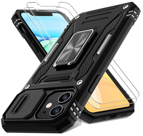 DEERLAMN Case for iPhone 11 with Slide Camera Cover+Screen Protector (2 Packs), Rotated Ring Kickstand Military Grade Shockproof Protective Cover - Black - 1