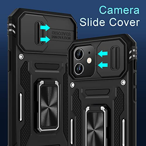 DEERLAMN Case for iPhone 11 with Slide Camera Cover+Screen Protector (2 Packs), Rotated Ring Kickstand Military Grade Shockproof Protective Cover - Black - 2