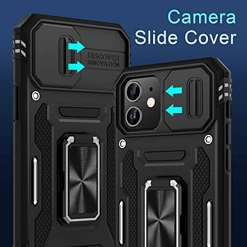 DEERLAMN Case for iPhone 11 with Slide Camera Cover+Screen Protector (2 Packs), Rotated Ring Kickstand Military Grade Shockproof Protective Cover - Black - 2