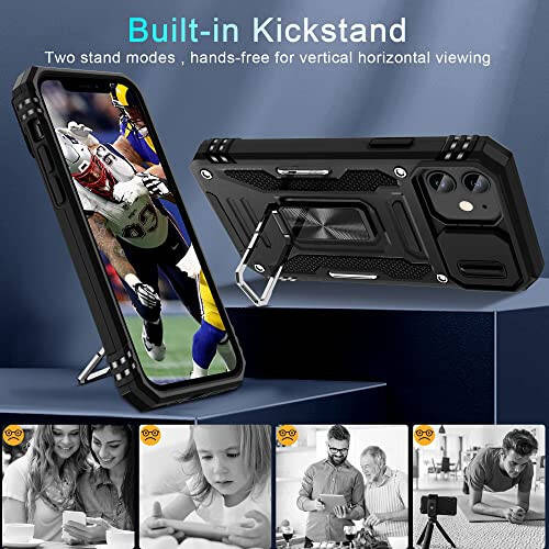 DEERLAMN Case for iPhone 11 with Slide Camera Cover+Screen Protector (2 Packs), Rotated Ring Kickstand Military Grade Shockproof Protective Cover - Black - 4