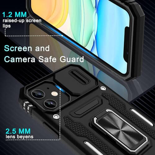 DEERLAMN Case for iPhone 11 with Slide Camera Cover+Screen Protector (2 Packs), Rotated Ring Kickstand Military Grade Shockproof Protective Cover - Black - 5