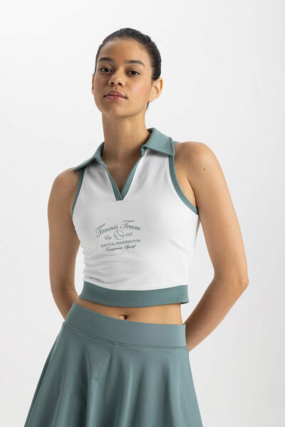 DeFactoFit Crop Polo Yaka Baskılı Sporcu Atlet Beyaz - 4