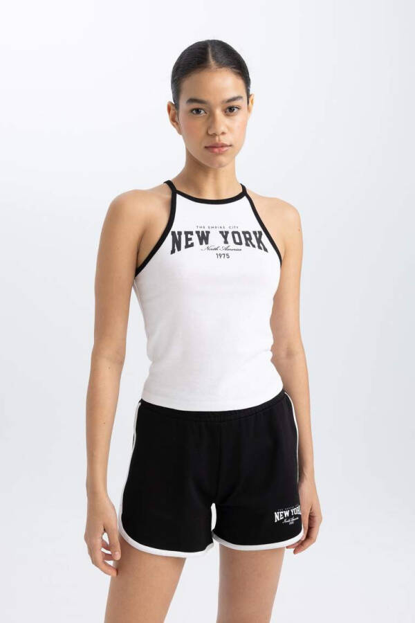 DeFactoFit Crop Ribbed Athletic Top with Print and Bike Neck White - 6