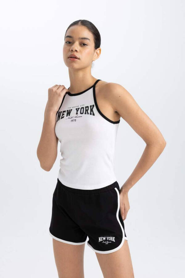 DeFactoFit Crop Ribbed Athletic Top with Print and Bike Neck White - 7