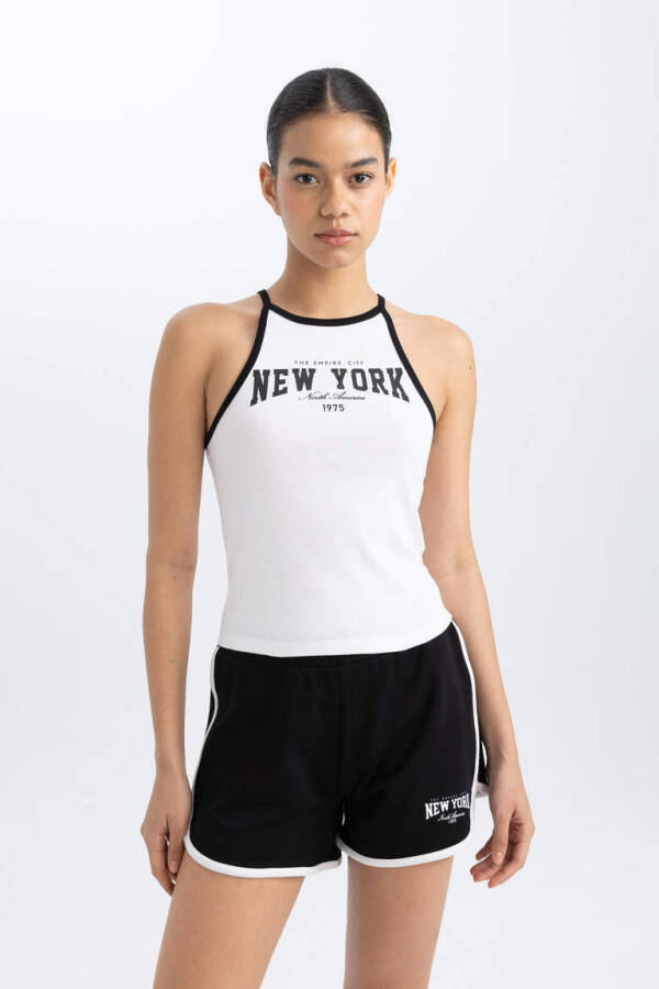 DeFactoFit Crop Ribbed Athletic Top with Print and Bike Neck White - 10