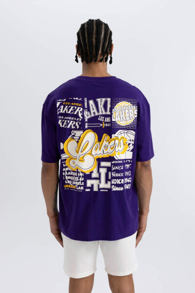 DeFactoFit NBA Los Angeles Lakers Oversize Fit Bisiklet Yaka Kısa Kollu %100 Pamuk Tişört Koyu Mor - 6