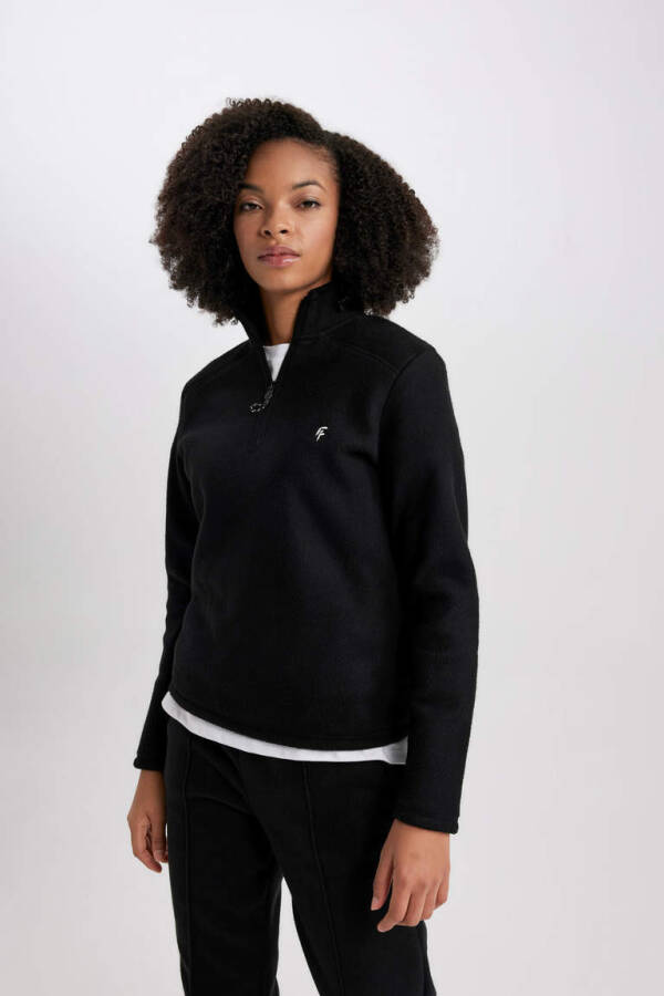 DeFactoFit Standard Fit Zippered Neck Printed Fleece Sweatshirt Black - 5