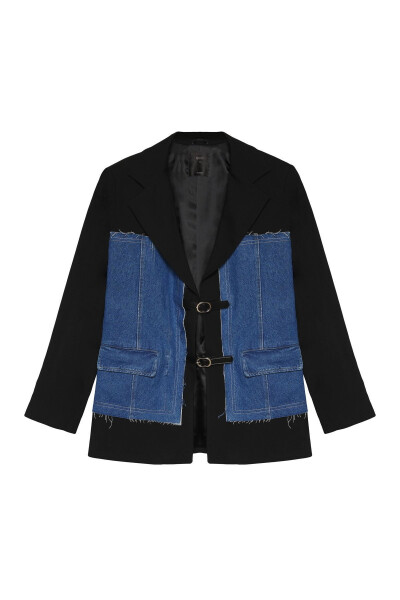 Denim Match Blazer Jacket with Belt Accessory Black - 11