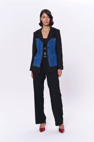 Denim Match Blazer Jacket with Belt Accessory Black - 8