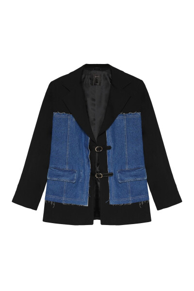 Denim Match Blazer Jacket with Belt Accessory Black - 2