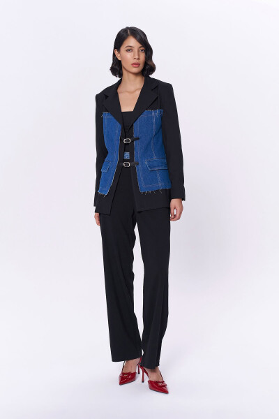 Denim Match Blazer Jacket with Belt Accessory Black - 4