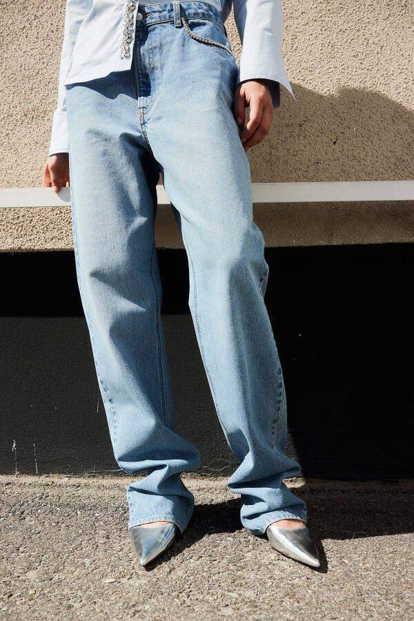 Denim pants with faux diamond embellishments - 1