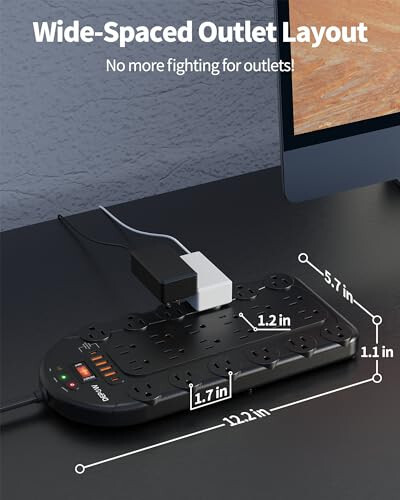 DEPOW Quvvat Simi, 24 AC Rozетка (1875W/15A) 6 USB (2 USB-C Port) bilan, ETL Ro'yxatiga olingan, To'satdan O'zgarishdan Himoya qiluvchi (3,400 Joule), 8 Ft Og'ir Vazifali Tekis Shtepsel Uzatish Simi, Devorda O'rnatish mumkin, Uy, Ofis uchun, Qora - 7