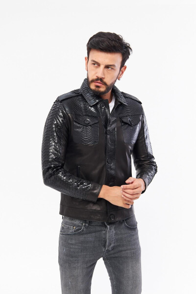 Derinss Der721p Genuine Python Genuine Leather Men's Black Jacket - 1