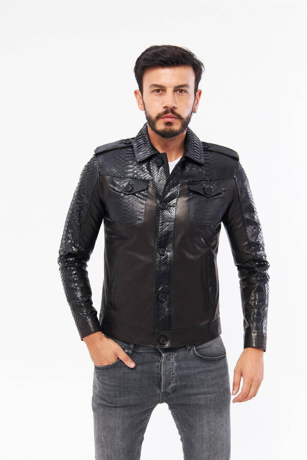 Derinss Der721p Genuine Python Genuine Leather Men's Black Jacket - 5