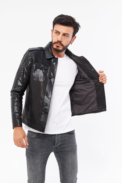 Derinss Der721p Genuine Python Genuine Leather Men's Black Jacket - 6